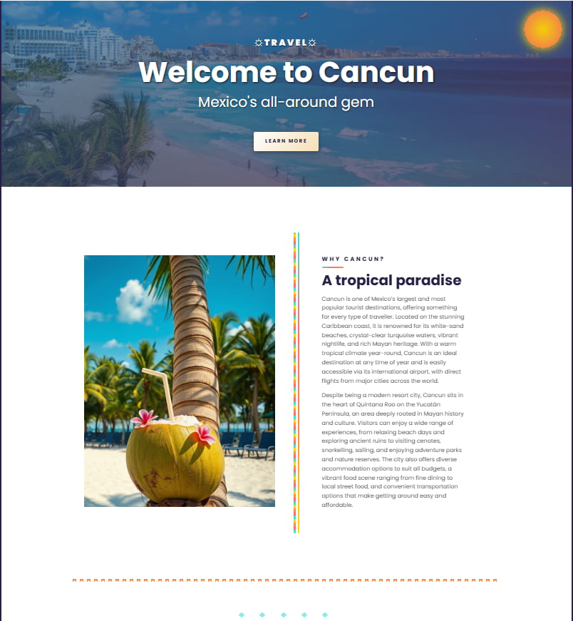 Cancun Travel Website showing a vibrant, fully responsive travel guide for Cancun, Mexico