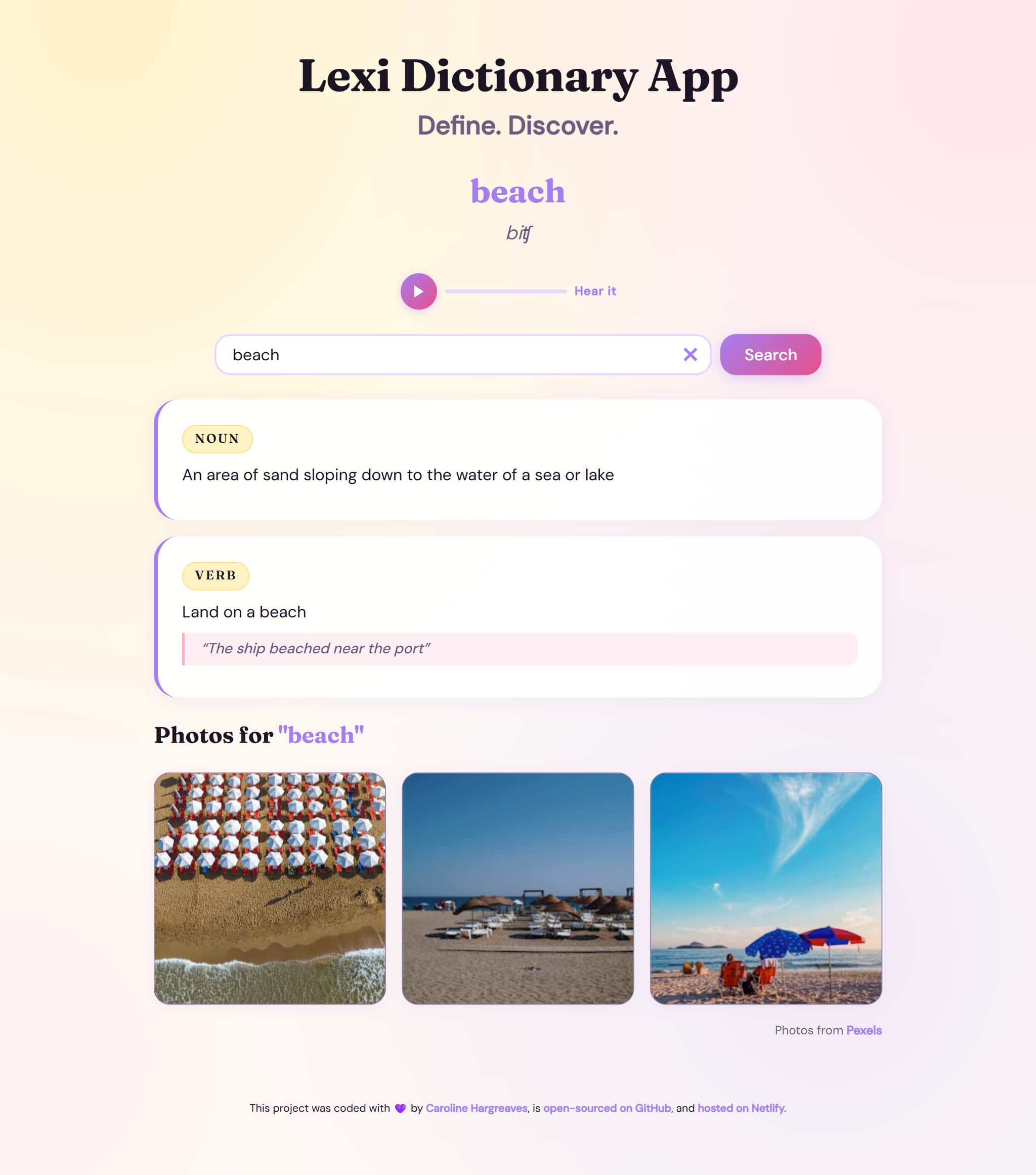 Lexi Dictionary App interface showing word definitions, pronunciation audio, and related photography