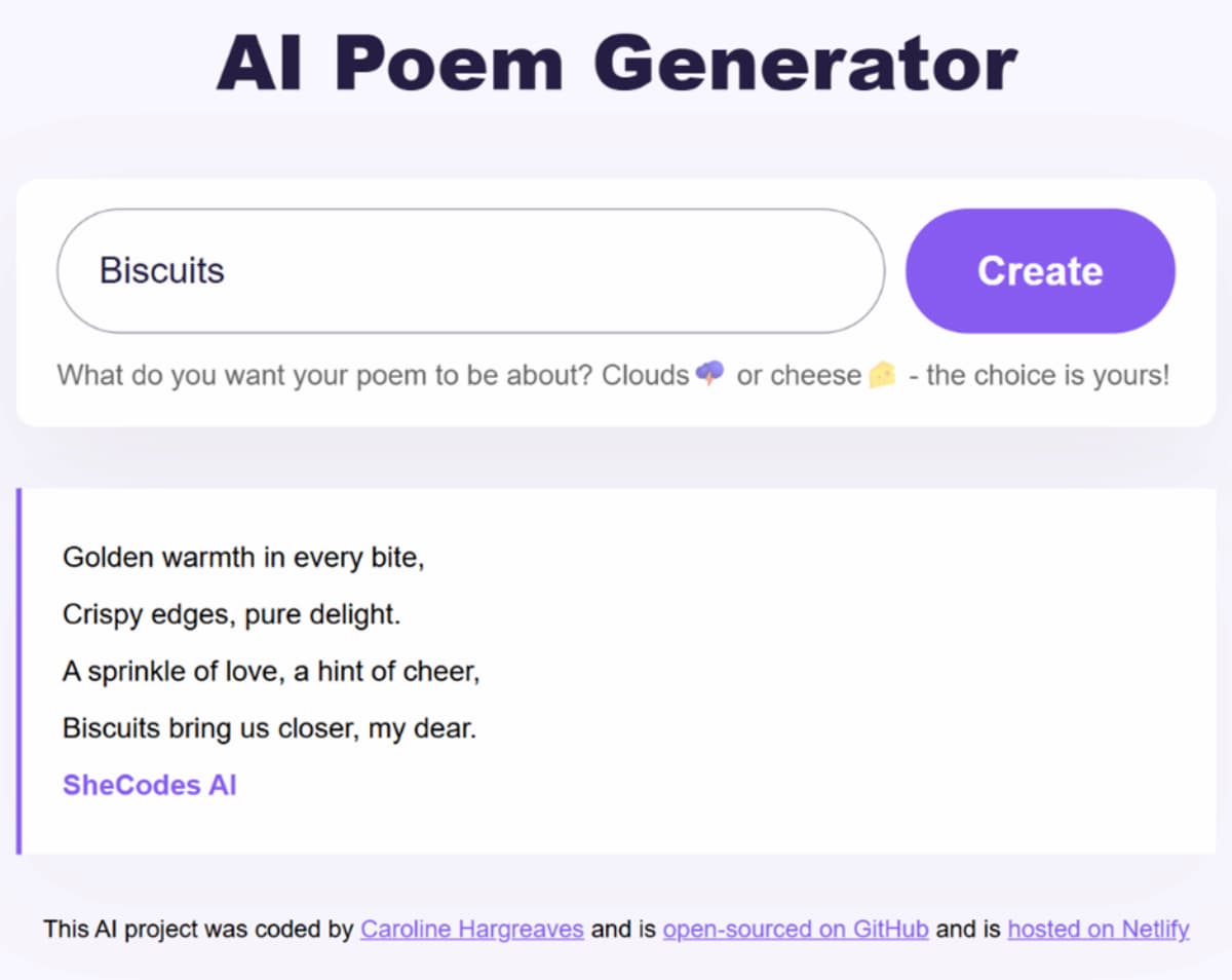 My AI Poem Generator App interface with creative poetry generation interface