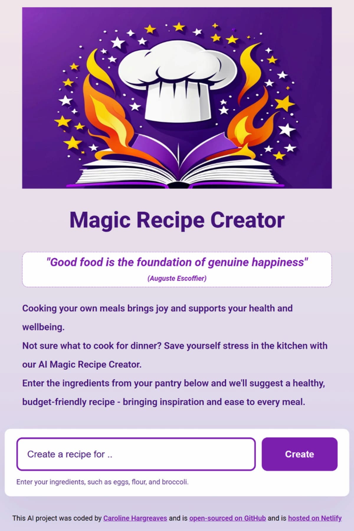 My Recipe Creator App interface with AI-powered recipe generation
