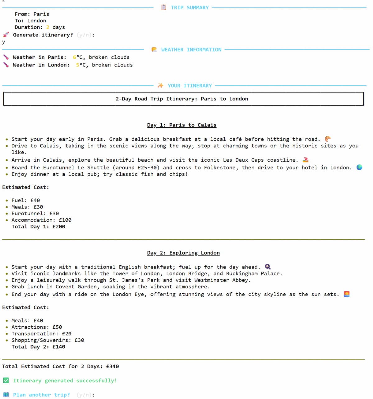My AI Travel Itinerary App interface - Python-based travel planning assistant