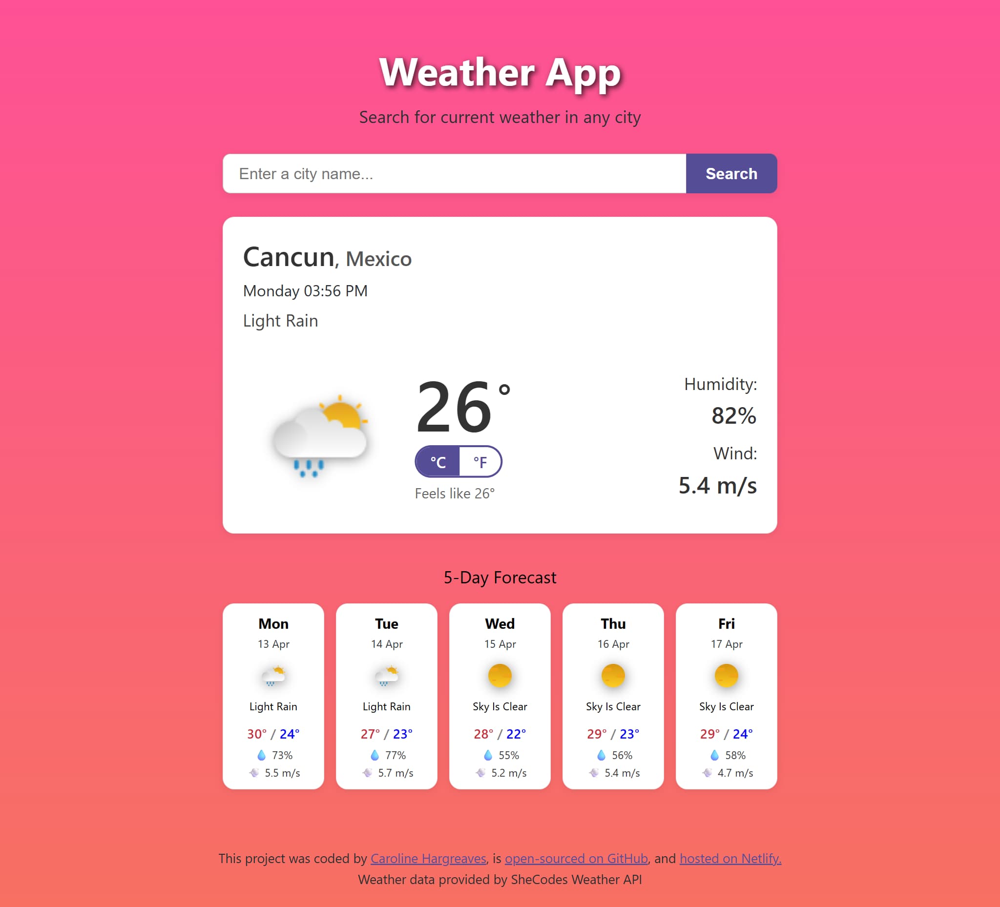 Vite React Weather App showing a real-time weather interface built with React and Vite