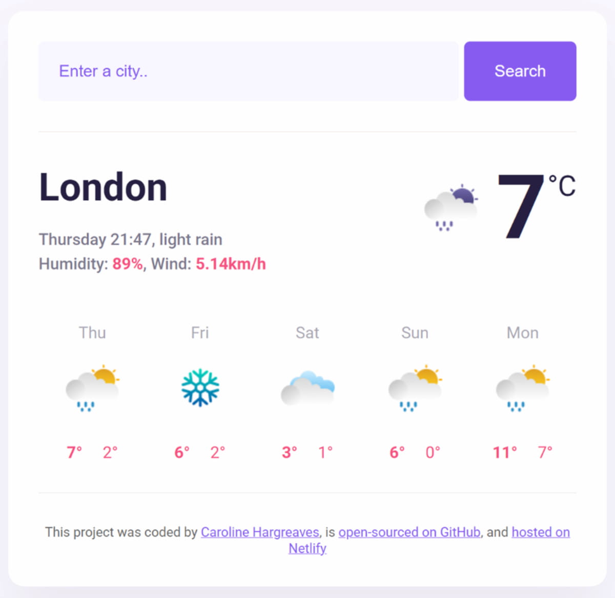 My Vanilla Weather App showing real-time weather interface with forecasts