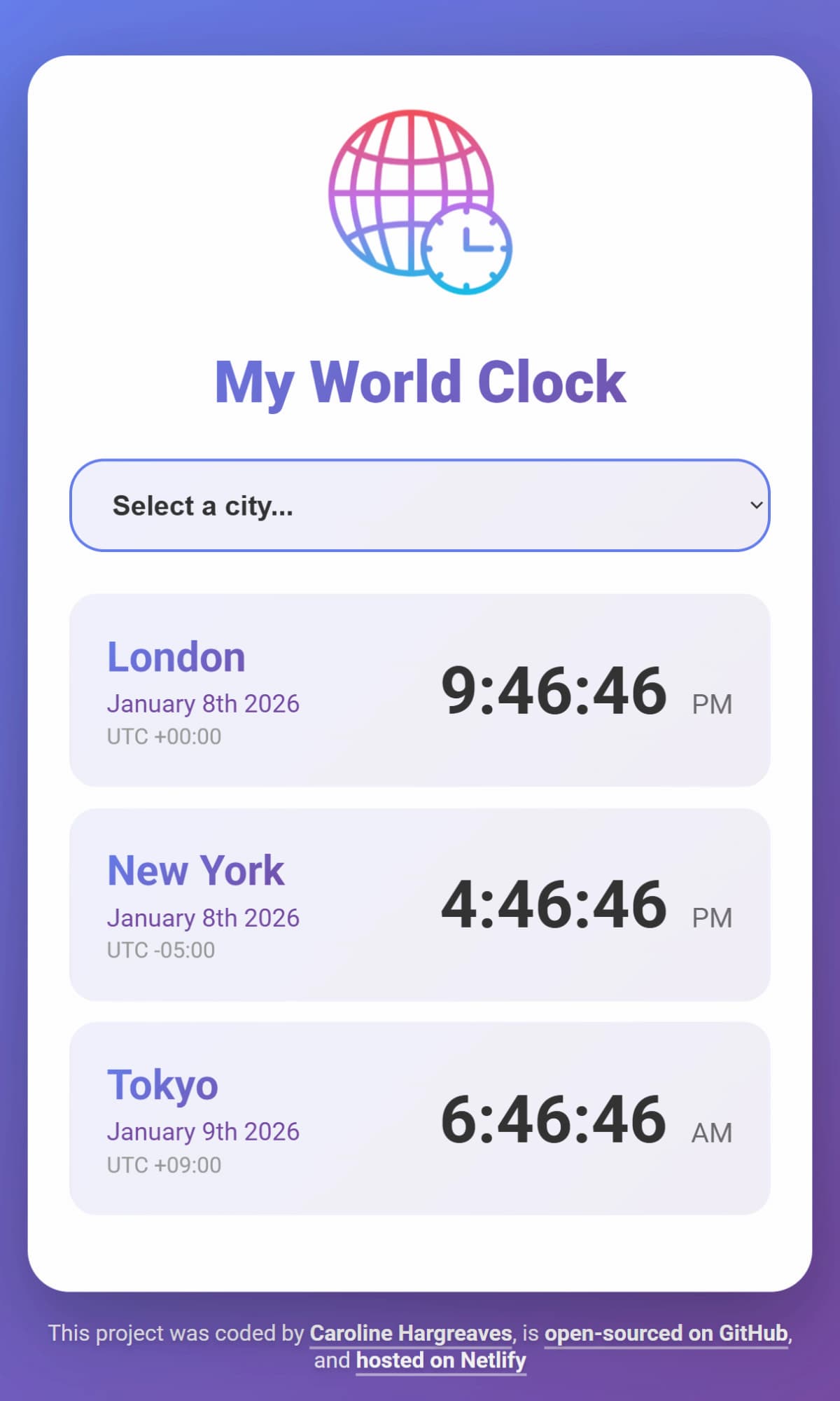 My World Clock App showing multiple timezone displays with purple gradient interface